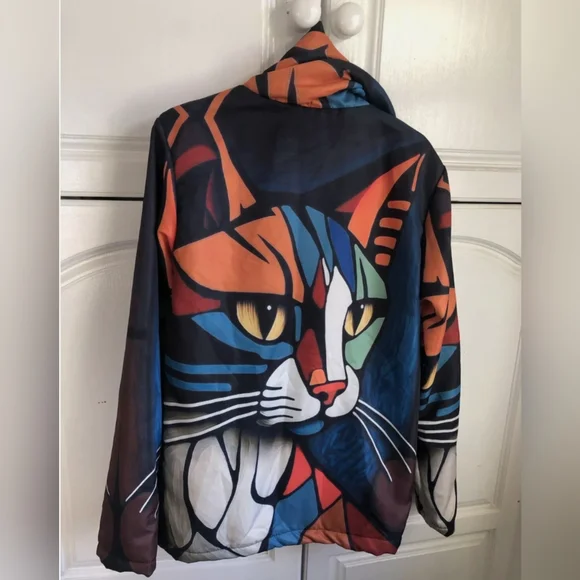 Trendy Abstract Cat Print Hooded Long Sleeve Zip Front Faux Fur Lined Jacket SzL - Picture 4 of 13